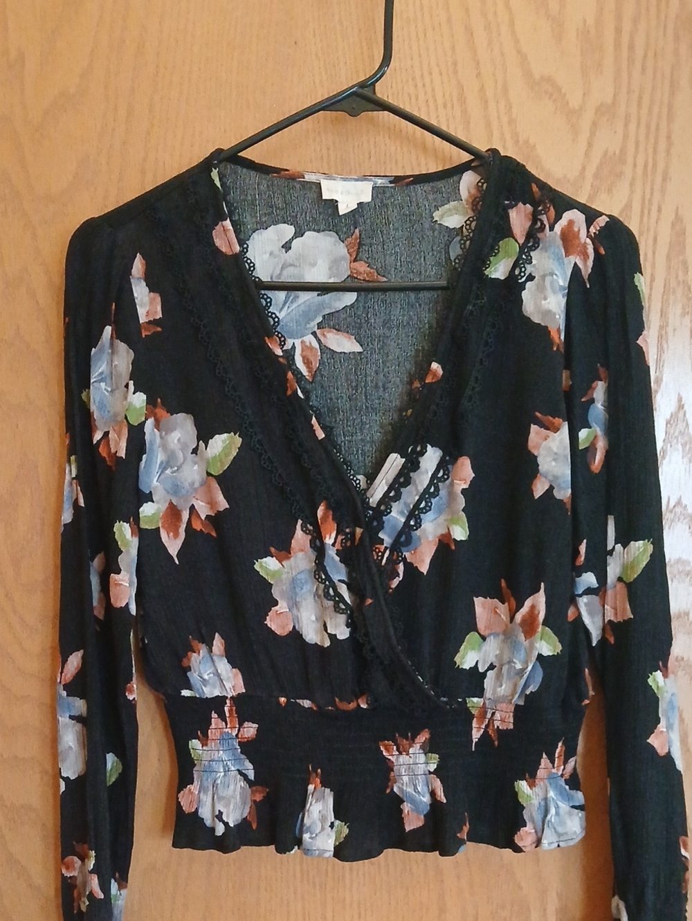 Hem & Thread Vintage Black Floral Wrap-Style Top with Eyelet Embroidered Trim
